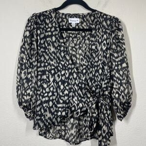 Veronica M Size XS Animal Print Wrap Top Blouse Tan Black Tie Side Long Sleeves